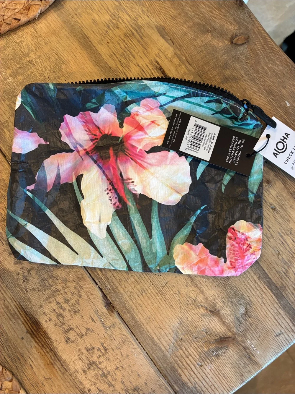 ALOHAS Black Tropical Floral Cosmetic Pouch with Pink & Cream Hibiscus